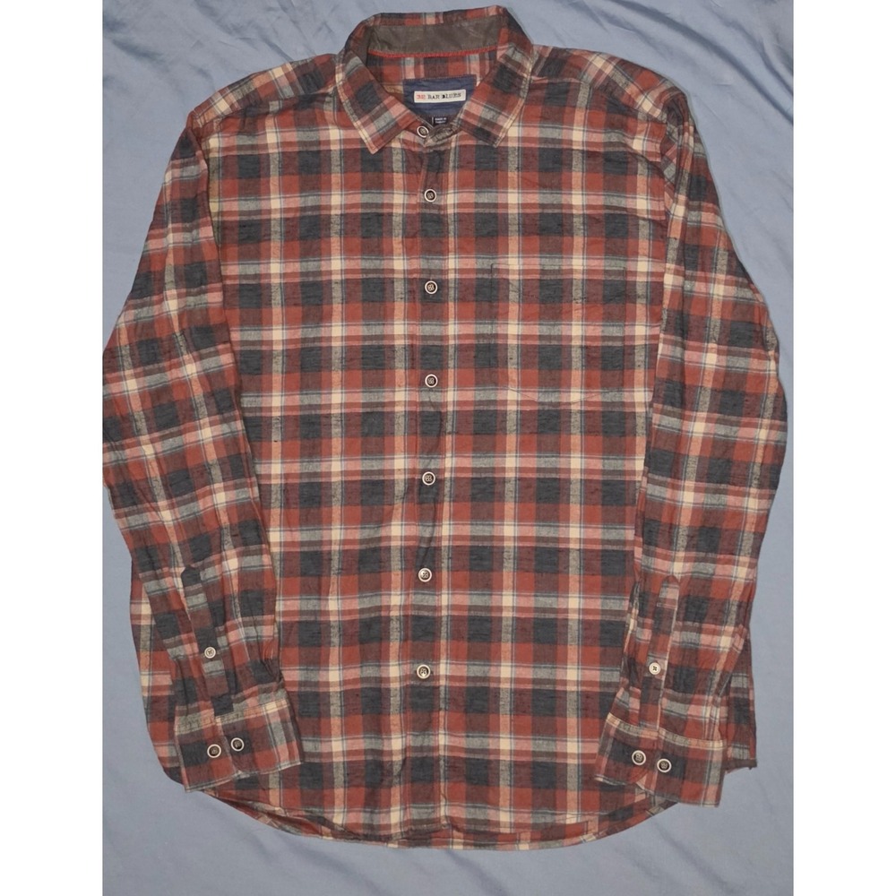 32 Bar Blues Shirt Mens Large Plaid Button Up Long Sleeve Cotton Linen